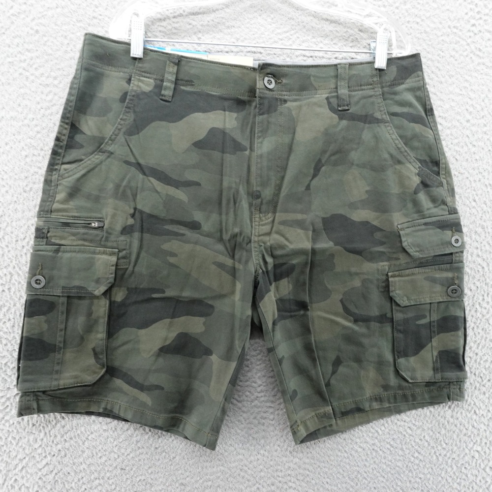 Iron Co Mens Stretch Twill Cargo Shorts Size 38 Jungle Camo Green NEW